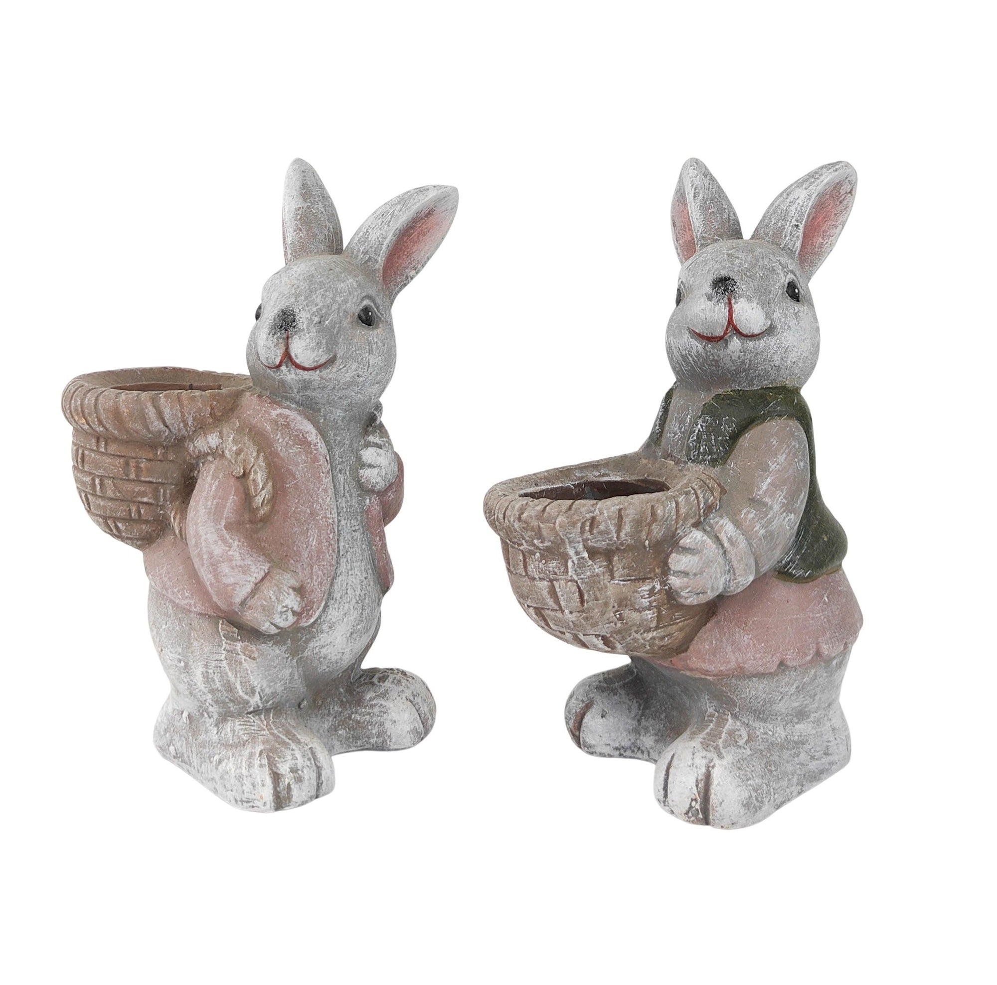 Cute Bunny with Basket Planter Grey & Pink