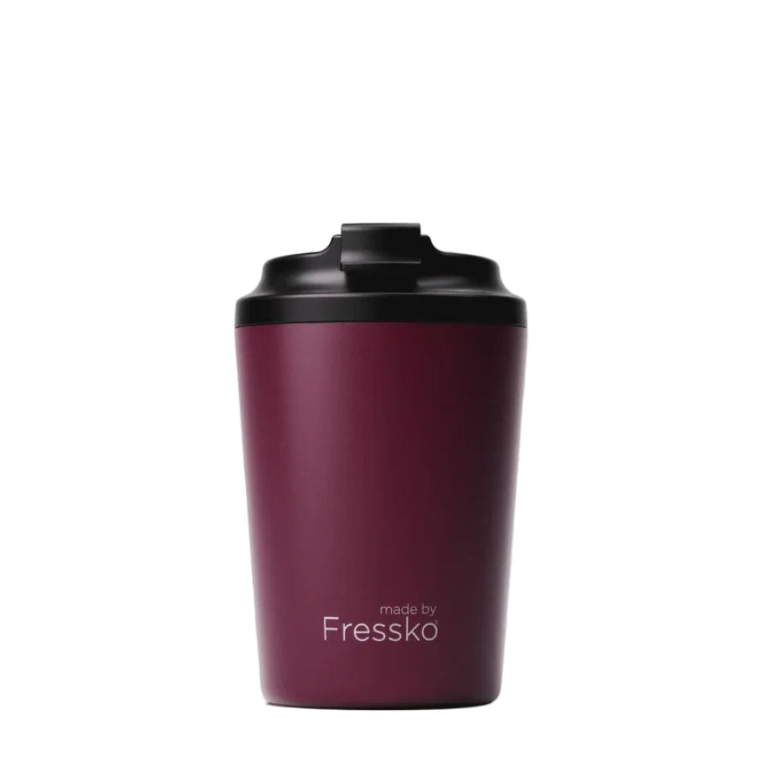 A dark burgundy insulated travel tumbler with a black lid, featuring the 'Fressko' brand name printed in white near the bottom, set against a clean light gray background.