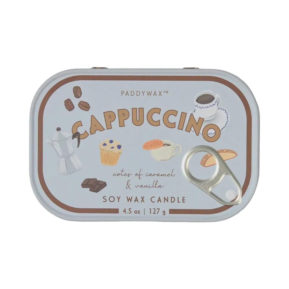 Candle tin labeled 'Cappuccino' by PaddyWax on a white background