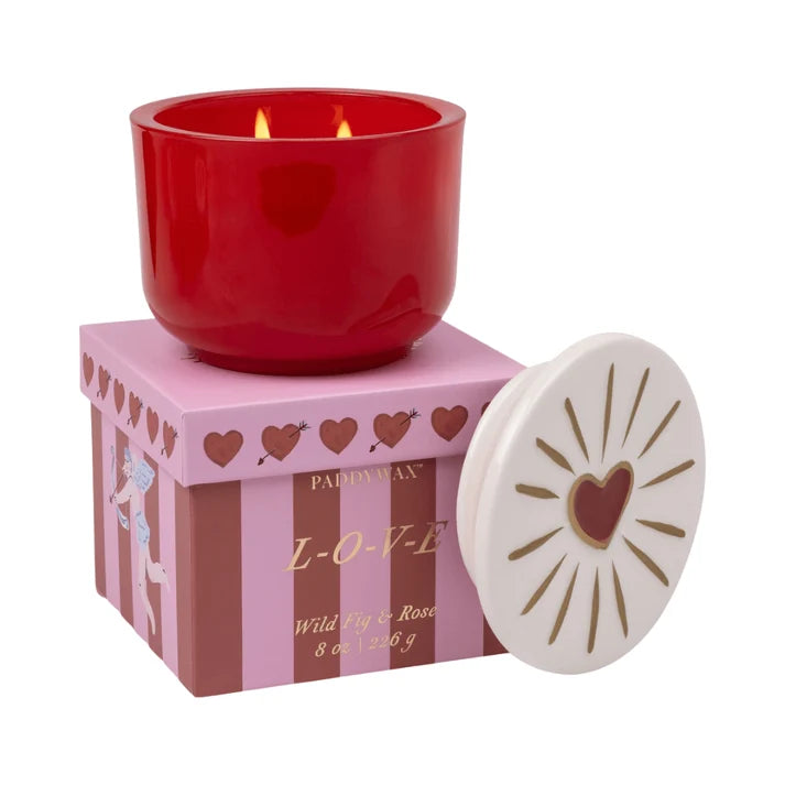 Paddywax - Charmed 8oz Red Glass w/ Embossed Heart Ceramic Lid & Printed Box - Wild Fig & Rose