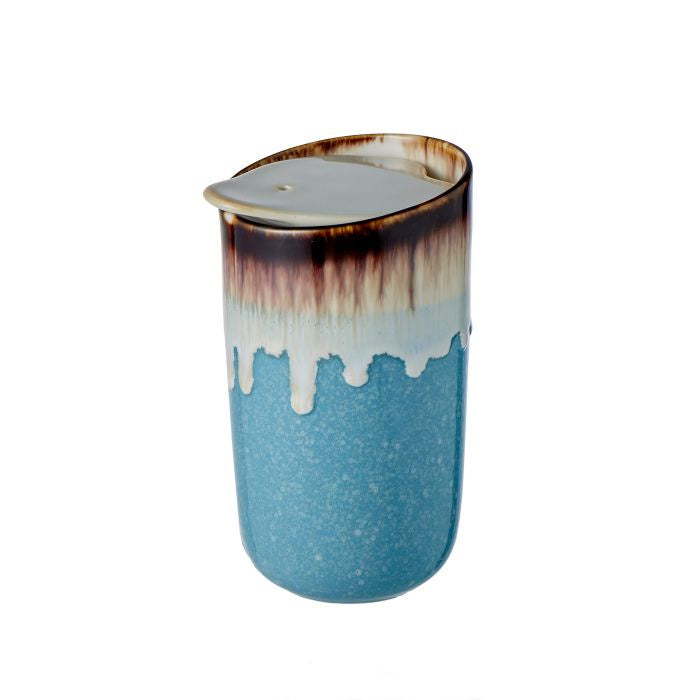 ROMA REACTIVE GLAZE DOUBLE WALL TRAVEL CUP BLUE & BROWN 8.5X5X15CM