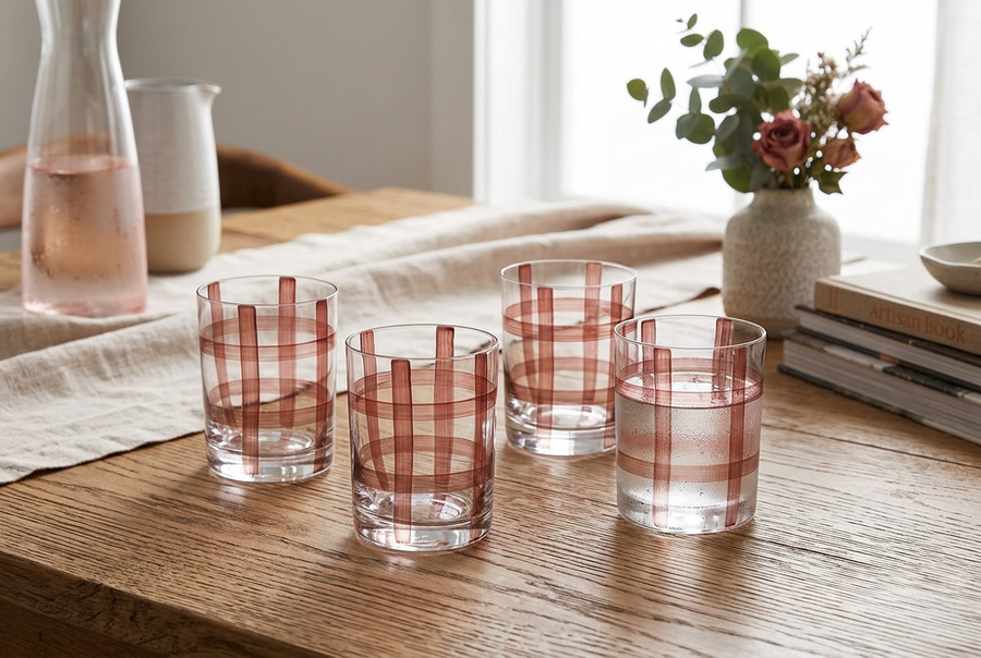 Max Set of 4 Glass Tumblers Clear/Choc Gingham