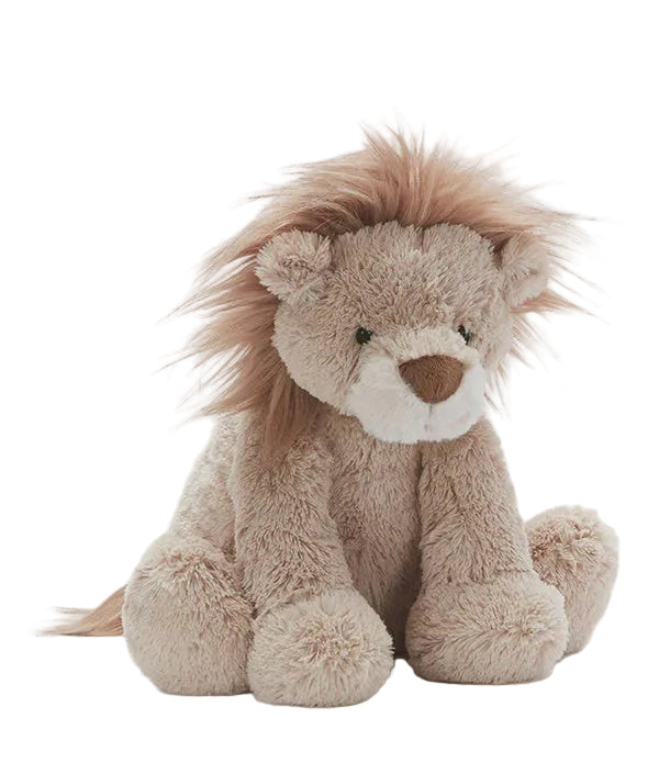 A plush lion toy with a fluffy tan body, cream muzzle, and shaggy light brown mane, posed sitting against a clean light gray background.