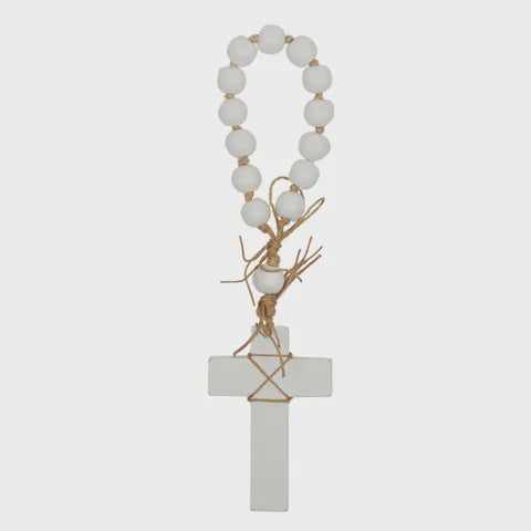 CHAKRA WOODEN BEADS W CROSS 30CM WHITE