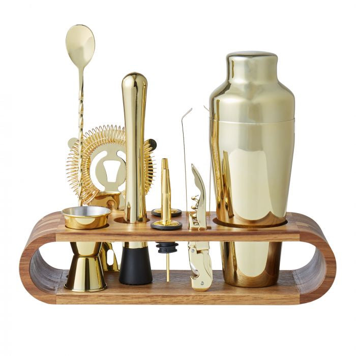 Bar Set With Acacia Stand 10pce Gold
