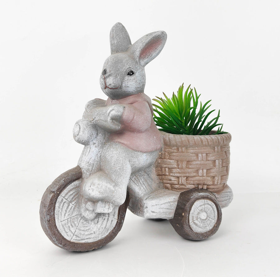 Cute Bunny on Bike Planter Grey & Pink 23cm