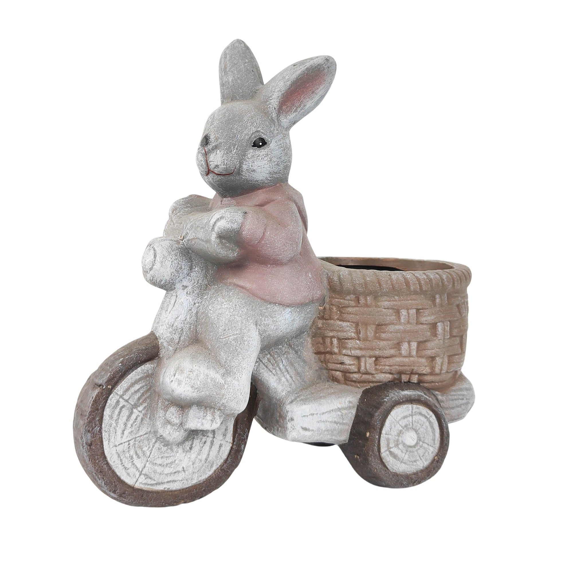 Cute Bunny on Bike Planter Grey & Pink 23cm